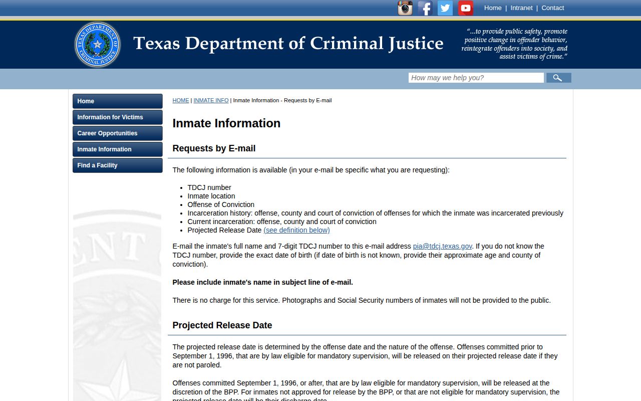 TDCJ email inmate information request instructions