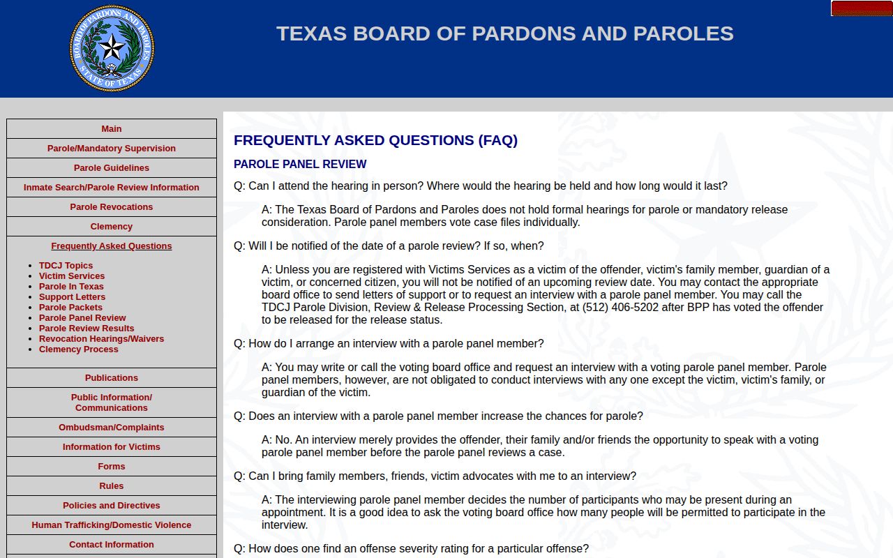 Texas Board of Pardons and Paroles FAQ explaining panel review