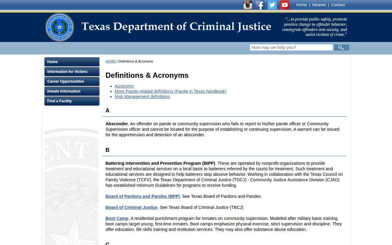 TDCJ definitions page explaining projected release date