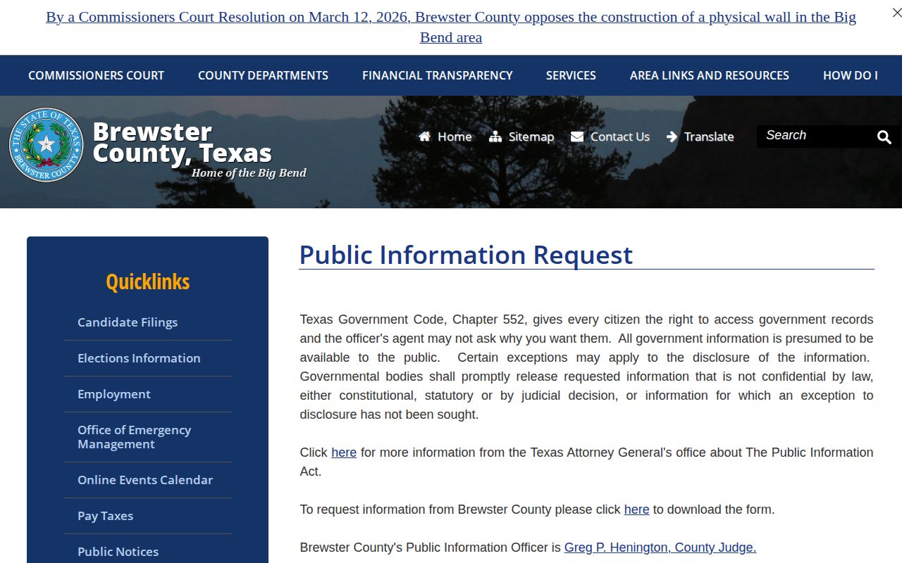 Brewster County public information page for 24-hour release records
