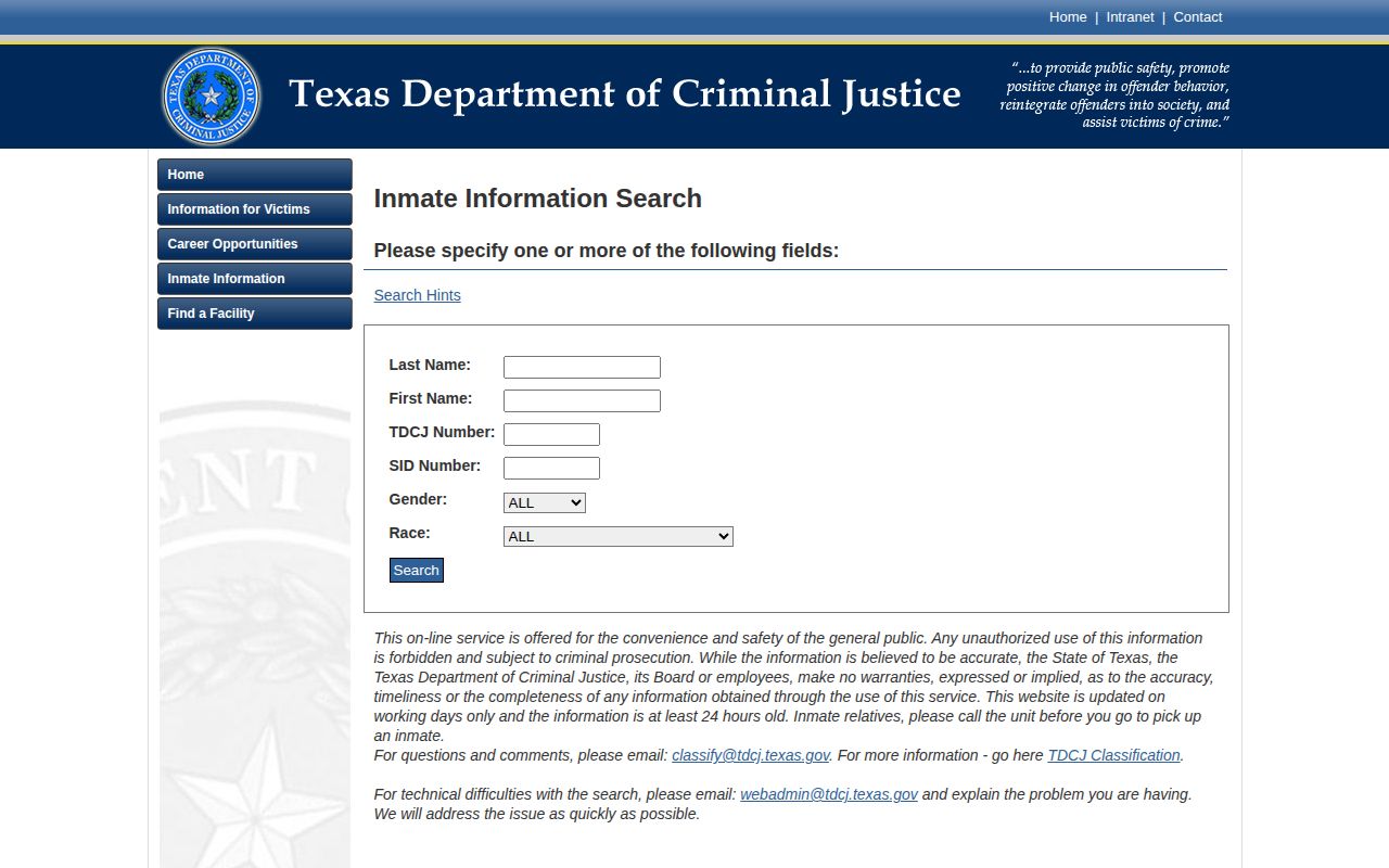 Texas Department of Criminal Justice inmate search form used for Brewster County state prisoners
