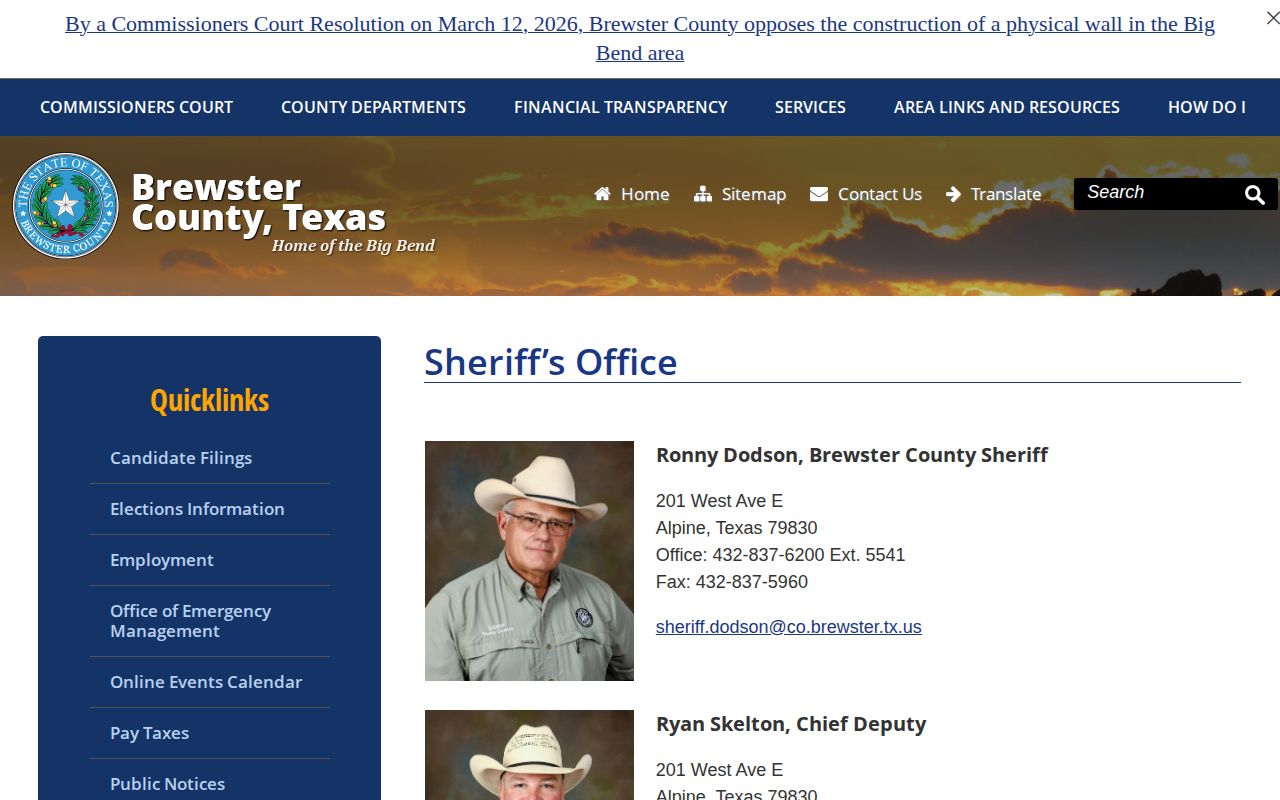 Brewster County Sheriff page for 24-hour release contact
