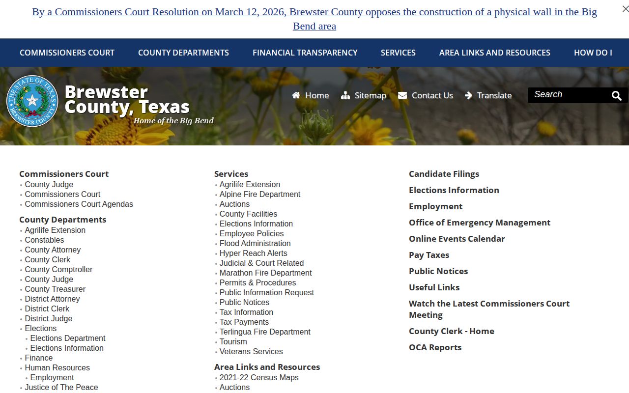 Brewster County sitemap showing no 72-hour release list