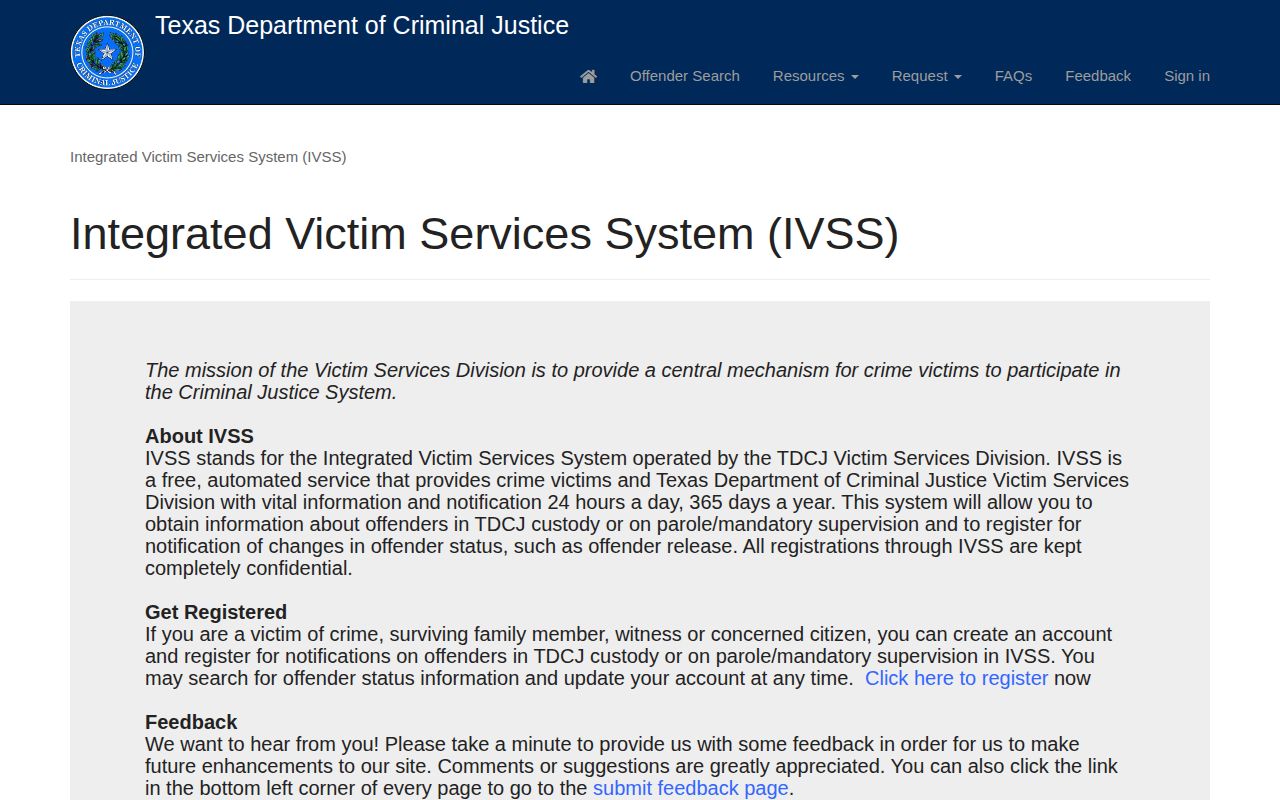 TDCJ Integrated Victim Services System landing page for state release notifications